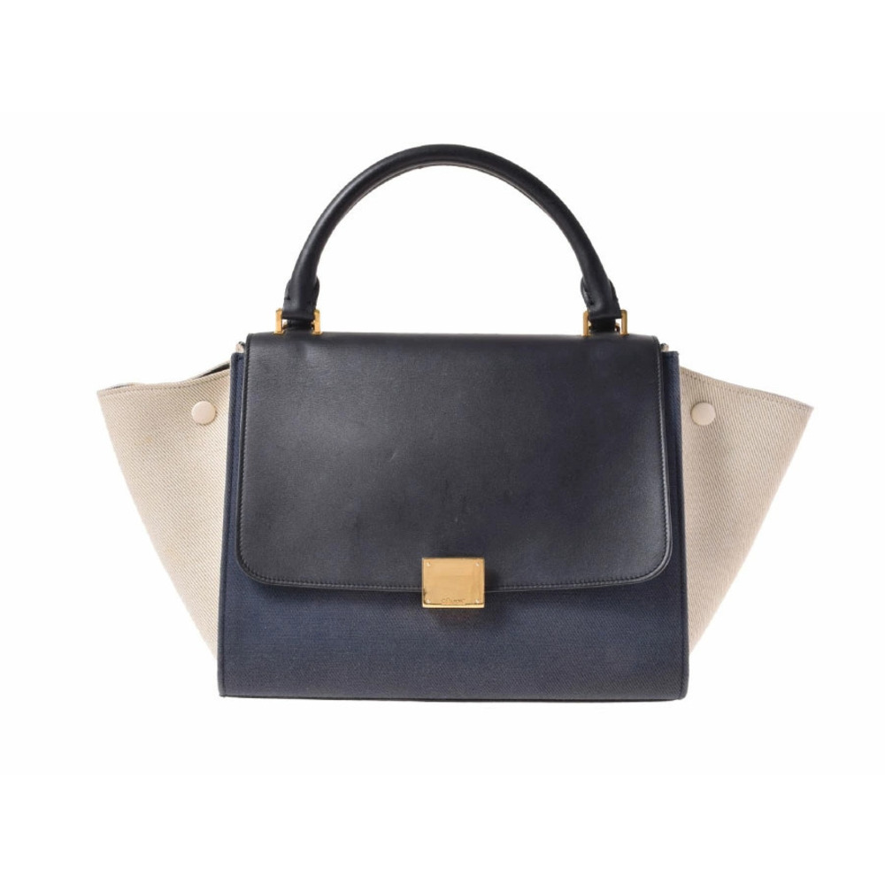 Celine Trapeze Leather Canvas Navy Blue White Bag